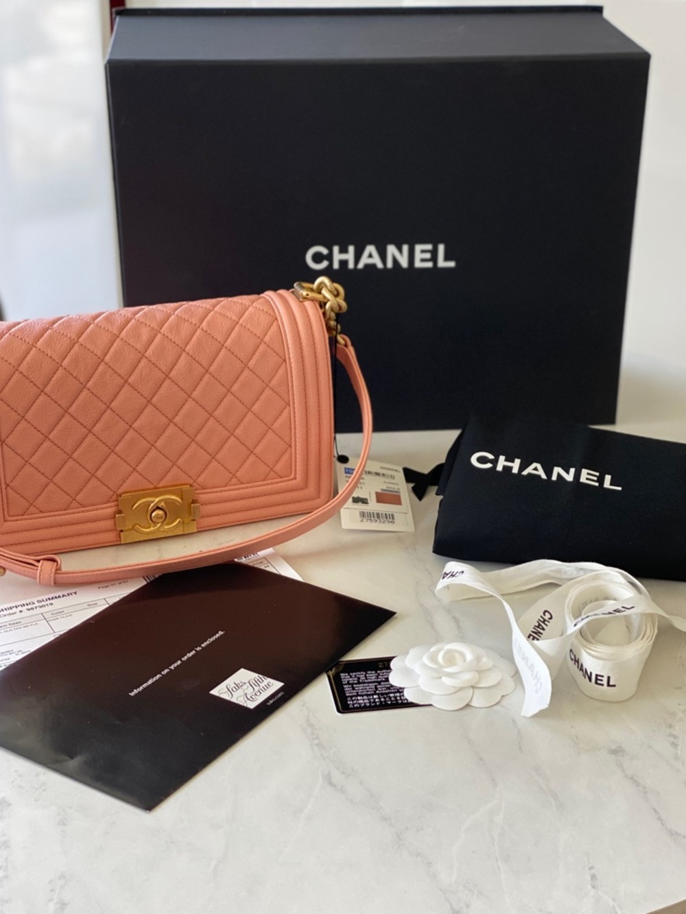 New CHANEL Boy New Medium Shoulder Bag in Coral Pink with Gold Hardware